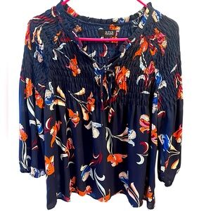 Dark Navy Blue Chiffon-Like Multicolored Floral Print Blouse by a.n.a. Size=Lrg
